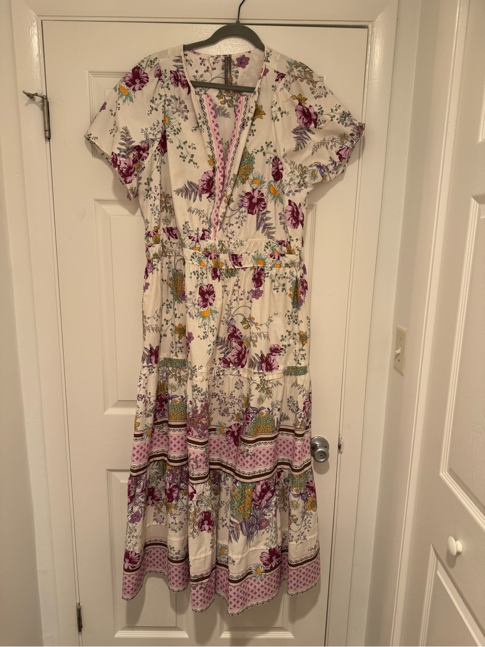 Anthropologie Cream Maxi Dress with Purple & Yellow Floral Border